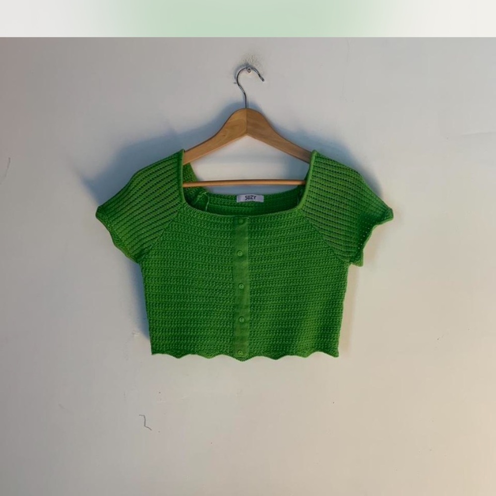 Vintage Y2K Green Knit Crop Top with lettuce hem
